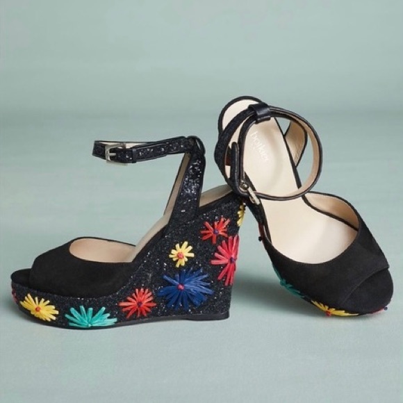 Botkier Shoes - ANTHROPOLOGIE/ BOTKIER Jessie Black Glitter Flower Wedges - Sz 7